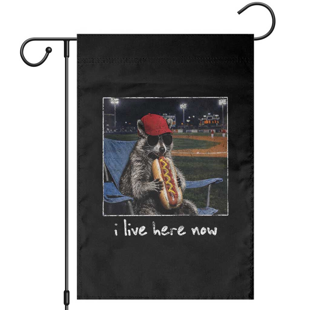 Baseball Raccoon I Live Here Now Garden Flag Funny Trash Panda Eating Hot Dog Ballfield