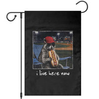 Baseball Raccoon I Live Here Now Garden Flag Funny Trash Panda Eating Hot Dog Ballfield
