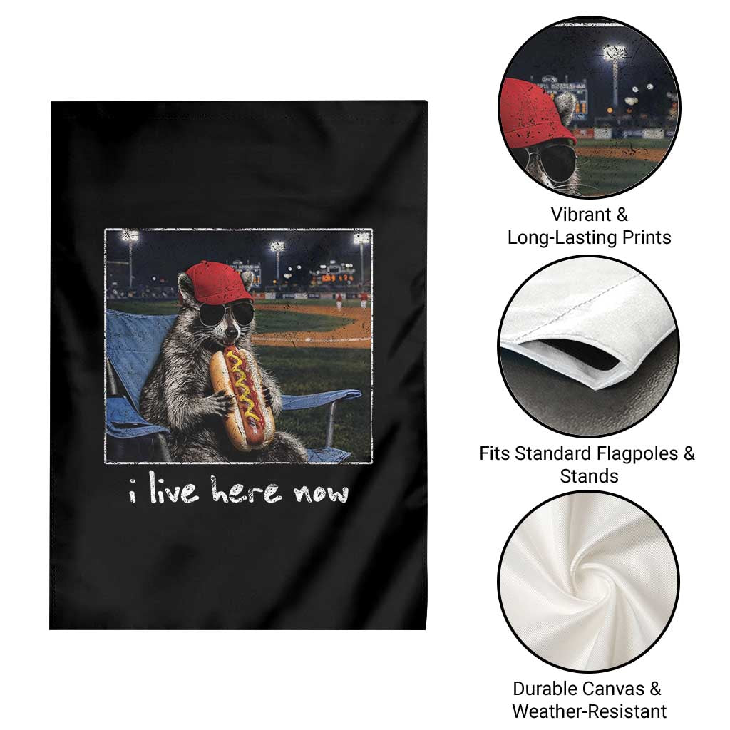 Baseball Raccoon I Live Here Now Garden Flag Funny Trash Panda Eating Hot Dog Ballfield