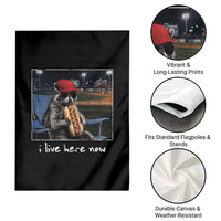 Baseball Raccoon I Live Here Now Garden Flag Funny Trash Panda Eating Hot Dog Ballfield