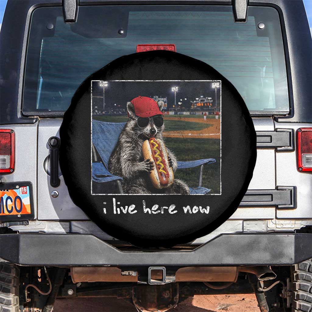 Baseball Raccoon I Live Here Now Spare Tire Cover Funny Trash Panda Eating Hot Dog Ballfield