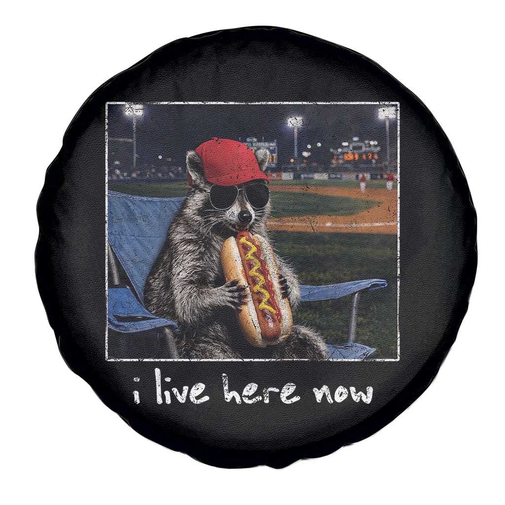 Baseball Raccoon I Live Here Now Spare Tire Cover Funny Trash Panda Eating Hot Dog Ballfield