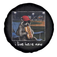 Baseball Raccoon I Live Here Now Spare Tire Cover Funny Trash Panda Eating Hot Dog Ballfield