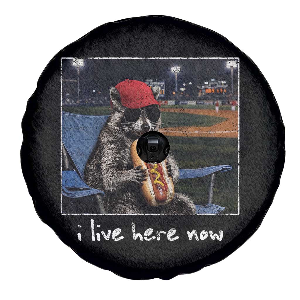 Baseball Raccoon I Live Here Now Spare Tire Cover Funny Trash Panda Eating Hot Dog Ballfield