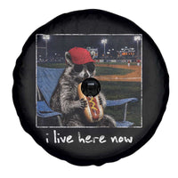 Baseball Raccoon I Live Here Now Spare Tire Cover Funny Trash Panda Eating Hot Dog Ballfield