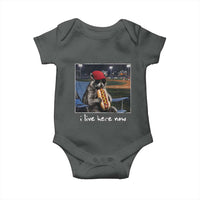 Baseball Raccoon I Live Here Now Baby Onesie Funny Trash Panda Eating Hot Dog Ballfield