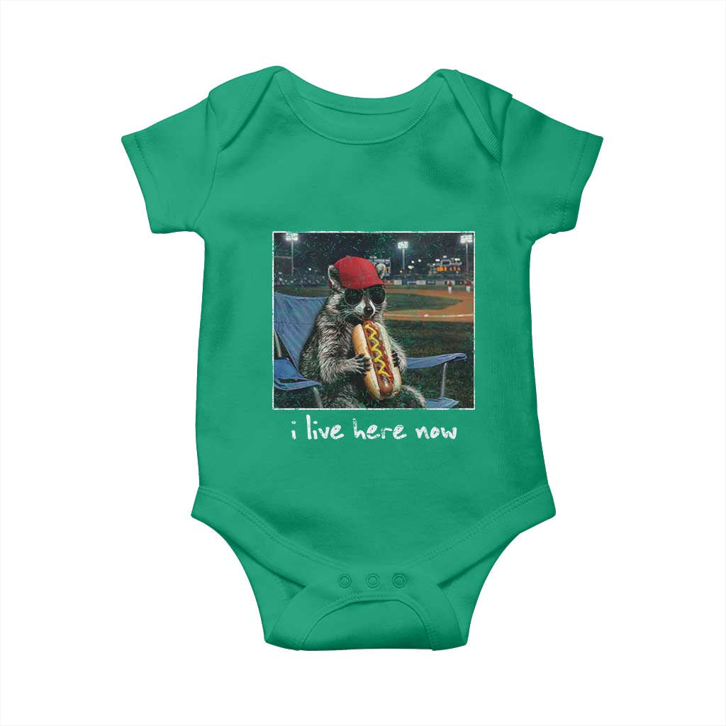 Baseball Raccoon I Live Here Now Baby Onesie Funny Trash Panda Eating Hot Dog Ballfield