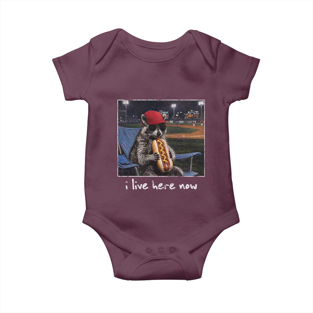 Baseball Raccoon I Live Here Now Baby Onesie Funny Trash Panda Eating Hot Dog Ballfield