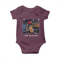 Baseball Raccoon I Live Here Now Baby Onesie Funny Trash Panda Eating Hot Dog Ballfield