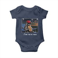 Baseball Raccoon I Live Here Now Baby Onesie Funny Trash Panda Eating Hot Dog Ballfield