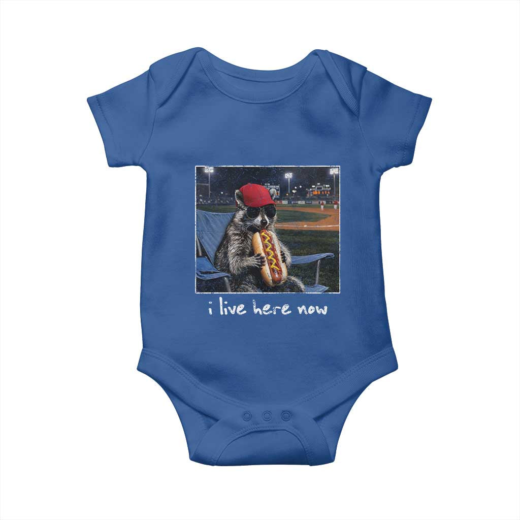 Baseball Raccoon I Live Here Now Baby Onesie Funny Trash Panda Eating Hot Dog Ballfield