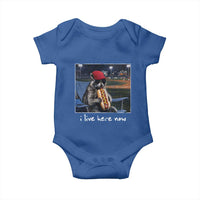 Baseball Raccoon I Live Here Now Baby Onesie Funny Trash Panda Eating Hot Dog Ballfield