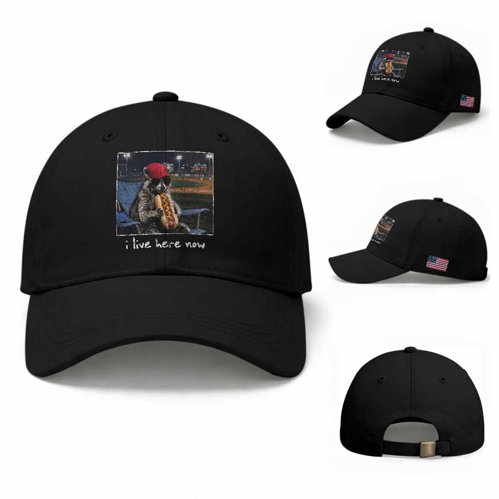 Baseball Raccoon I Live Here Now Baseball Cap Funny Trash Panda Eating Hot Dog Ballfield