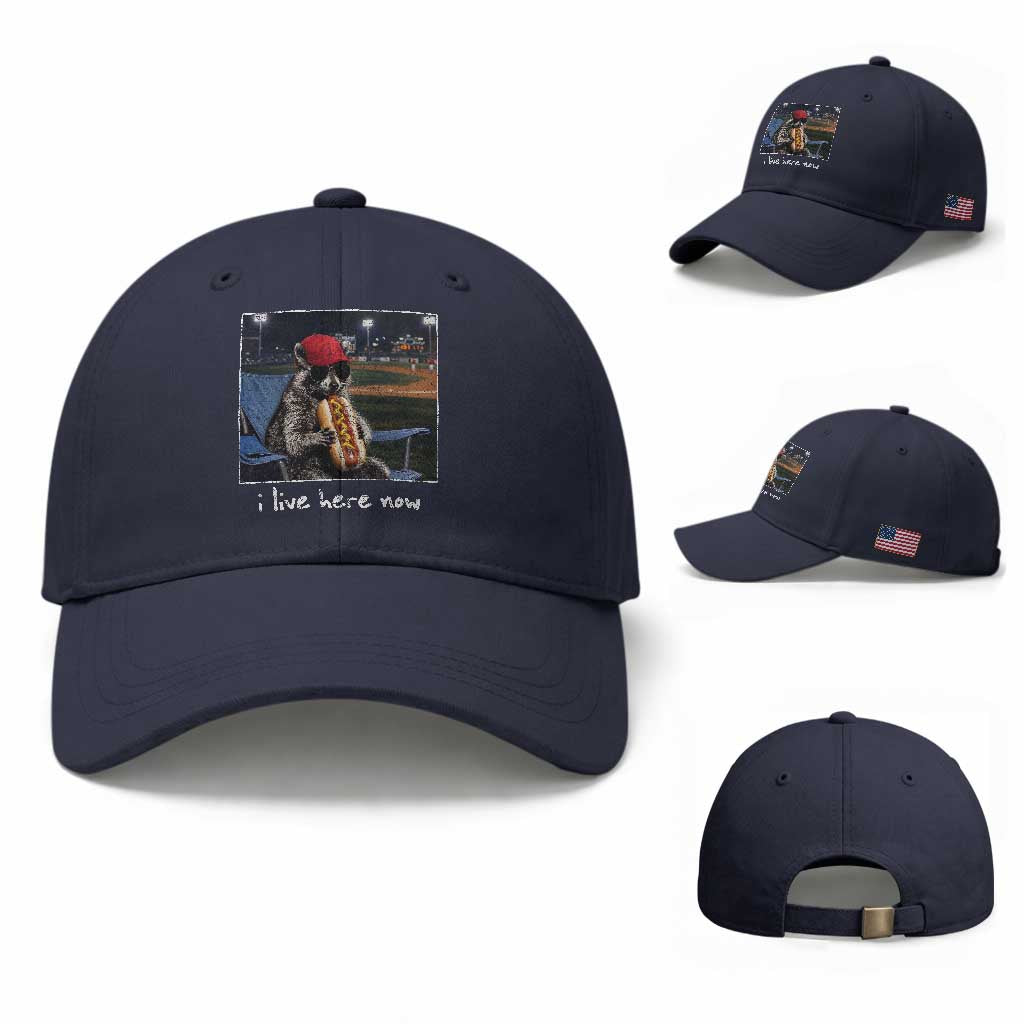 Baseball Raccoon I Live Here Now Baseball Cap Funny Trash Panda Eating Hot Dog Ballfield