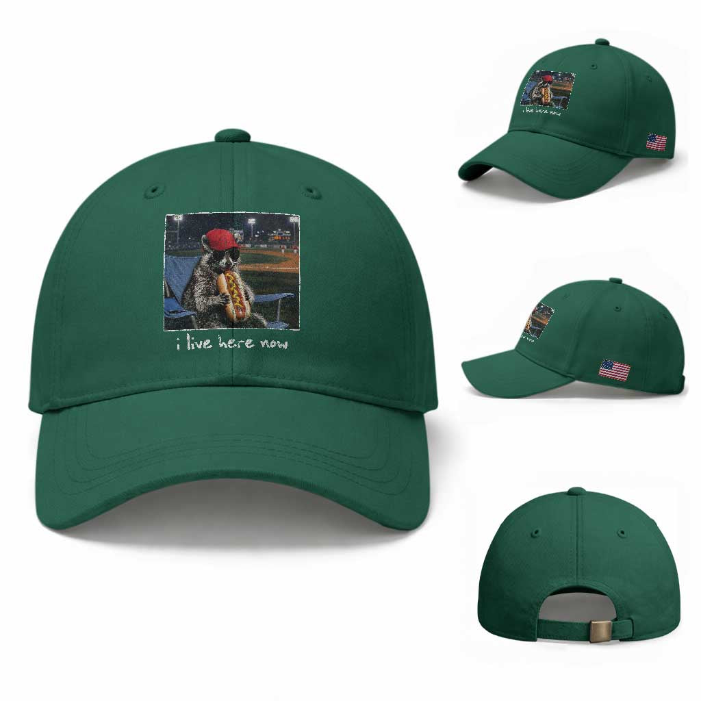 Baseball Raccoon I Live Here Now Baseball Cap Funny Trash Panda Eating Hot Dog Ballfield