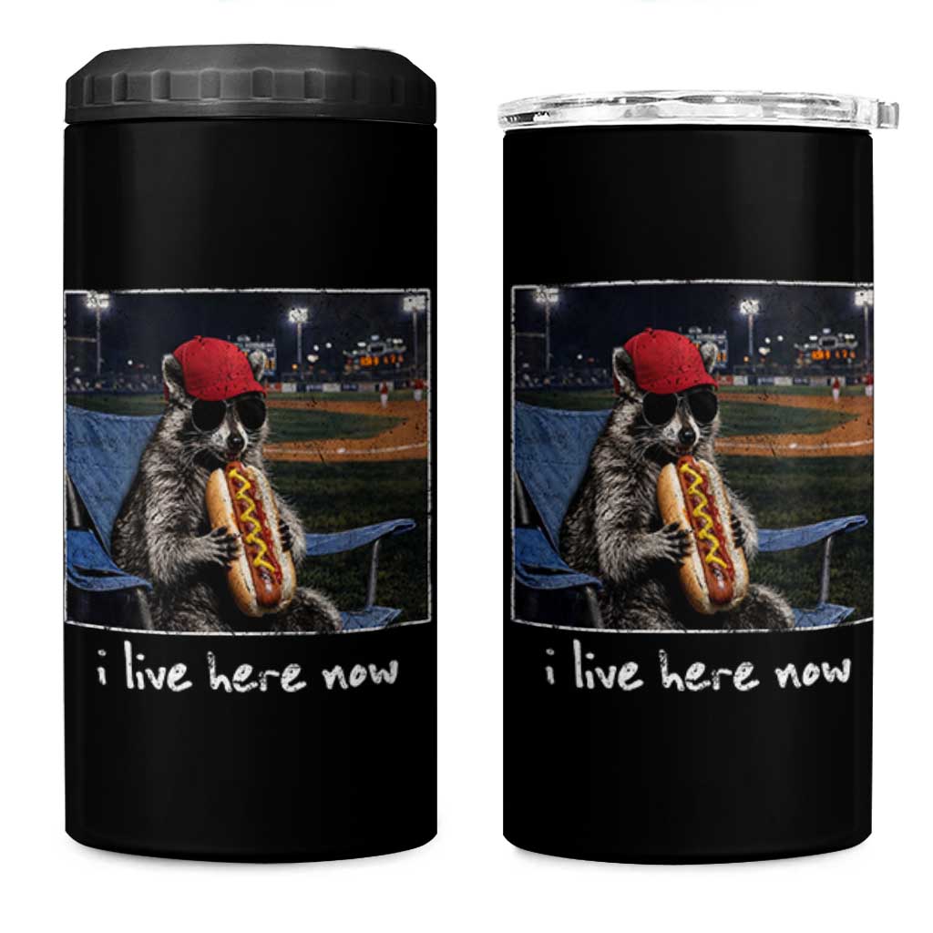 Baseball Raccoon I Live Here Now 4 in 1 Can Cooler Tumbler Funny Trash Panda Eating Hot Dog Ballfield