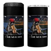Baseball Raccoon I Live Here Now 4 in 1 Can Cooler Tumbler Funny Trash Panda Eating Hot Dog Ballfield