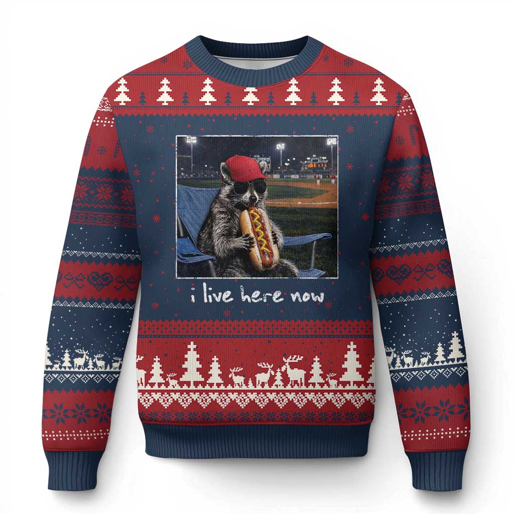 Baseball Raccoon I Live Here Now Ugly Christmas Sweater Funny Trash Panda Eating Hot Dog Ballfield