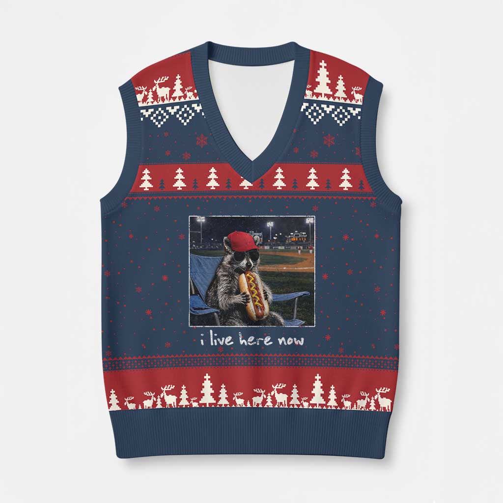 Baseball Raccoon I Live Here Now V-Neck Knit Sweater Vest Funny Trash Panda Eating Hot Dog Ballfield