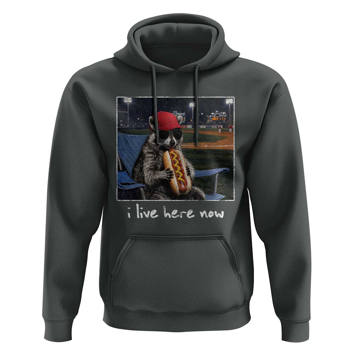 Baseball Raccoon I Live Here Now Hoodie Funny Trash Panda Eating Hot Dog Ballfield