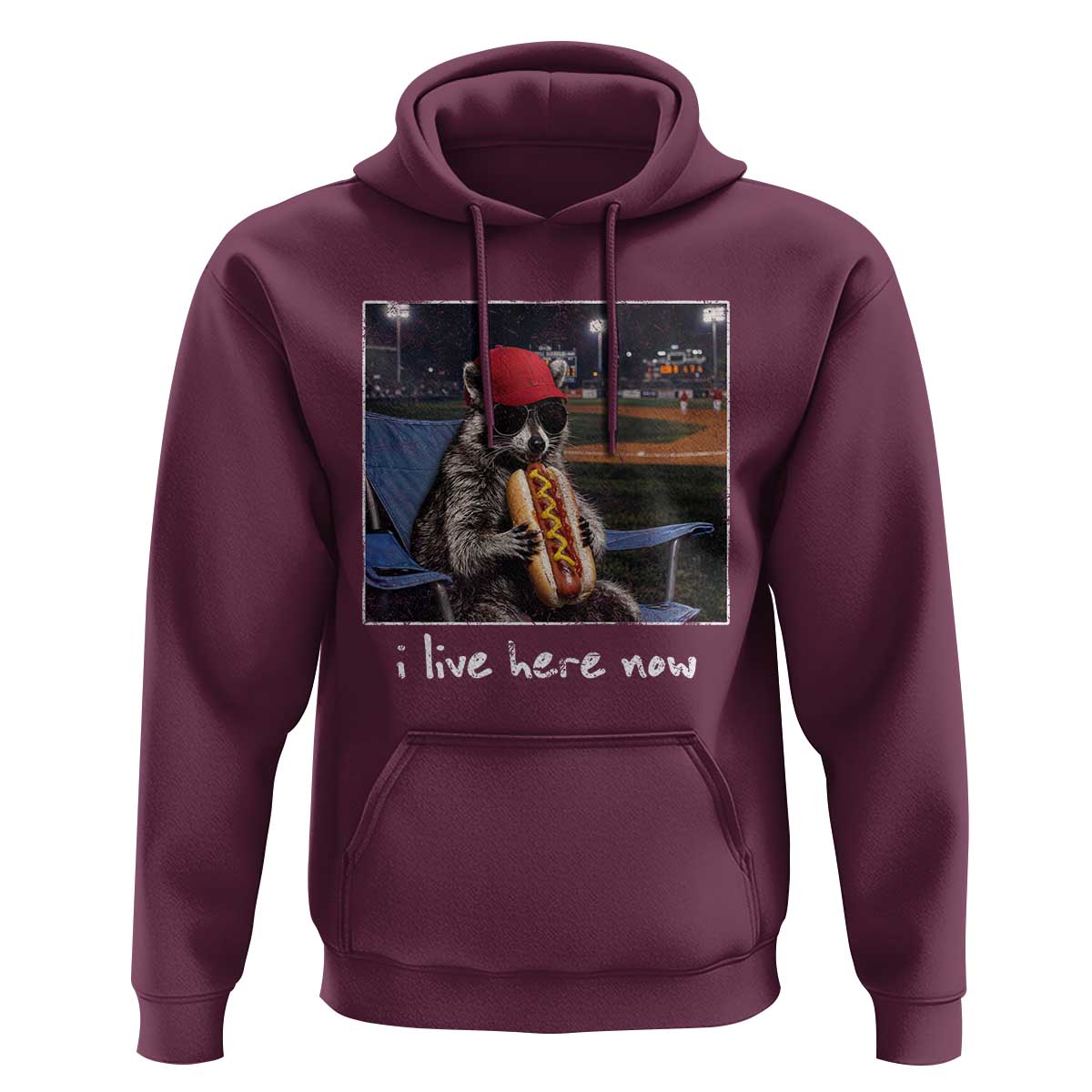 Baseball Raccoon I Live Here Now Hoodie Funny Trash Panda Eating Hot Dog Ballfield