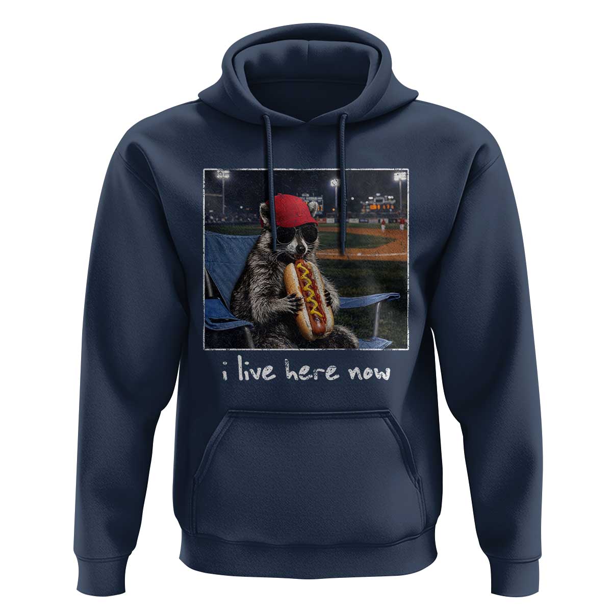 Baseball Raccoon I Live Here Now Hoodie Funny Trash Panda Eating Hot Dog Ballfield