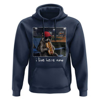 Baseball Raccoon I Live Here Now Hoodie Funny Trash Panda Eating Hot Dog Ballfield