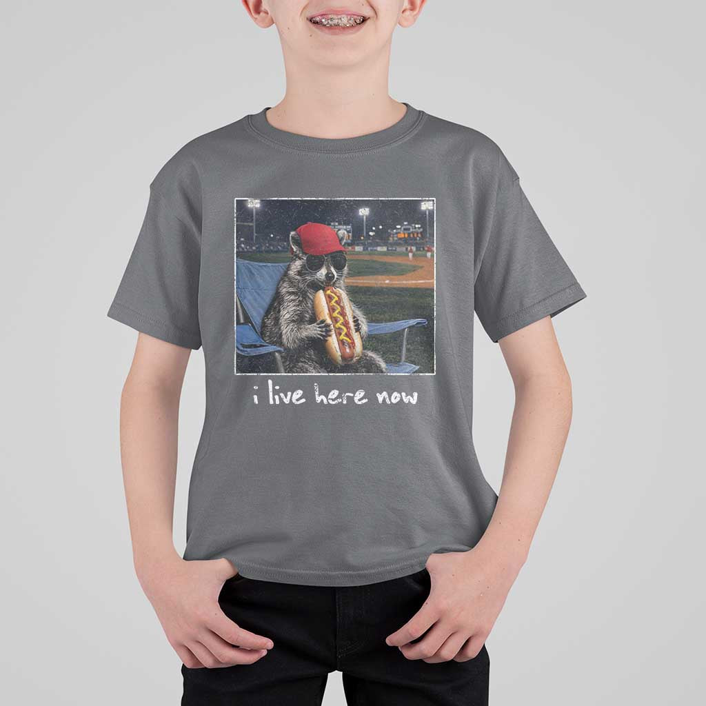 Baseball Raccoon I Live Here Now T Shirt For Kid Funny Trash Panda Eating Hot Dog Ballfield