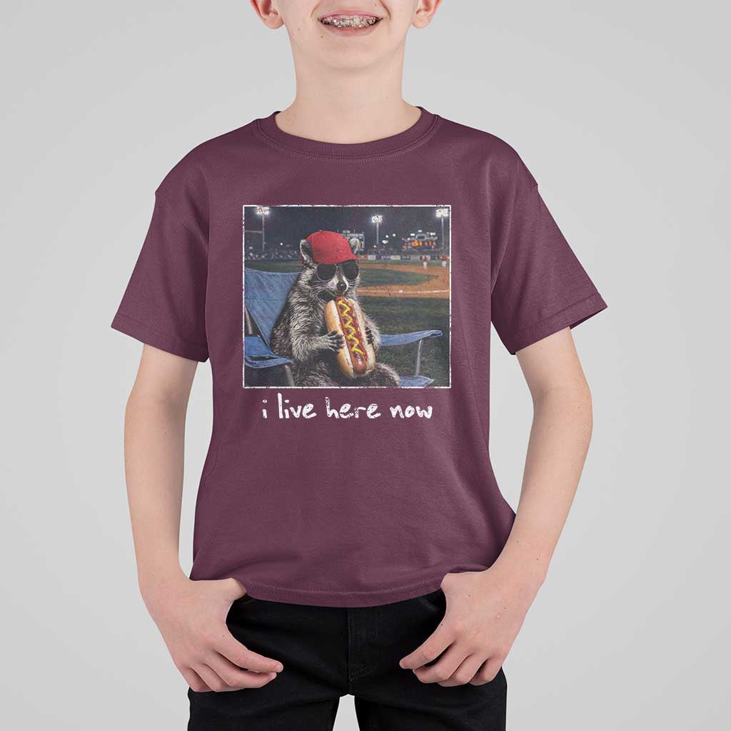 Baseball Raccoon I Live Here Now T Shirt For Kid Funny Trash Panda Eating Hot Dog Ballfield