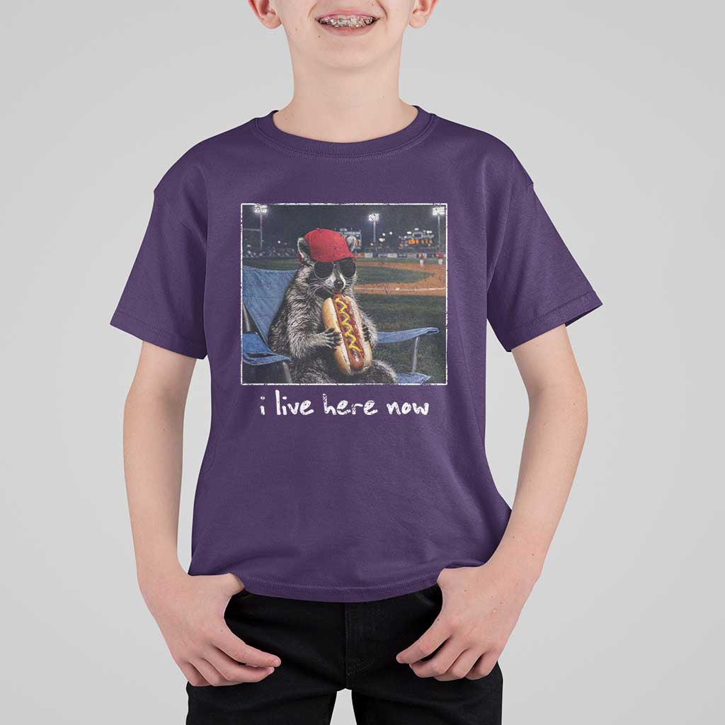 Baseball Raccoon I Live Here Now T Shirt For Kid Funny Trash Panda Eating Hot Dog Ballfield