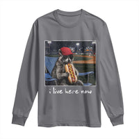 Baseball Raccoon I Live Here Now Long Sleeve Shirt Funny Trash Panda Eating Hot Dog Ballfield