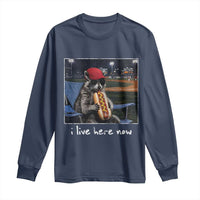 Baseball Raccoon I Live Here Now Long Sleeve Shirt Funny Trash Panda Eating Hot Dog Ballfield