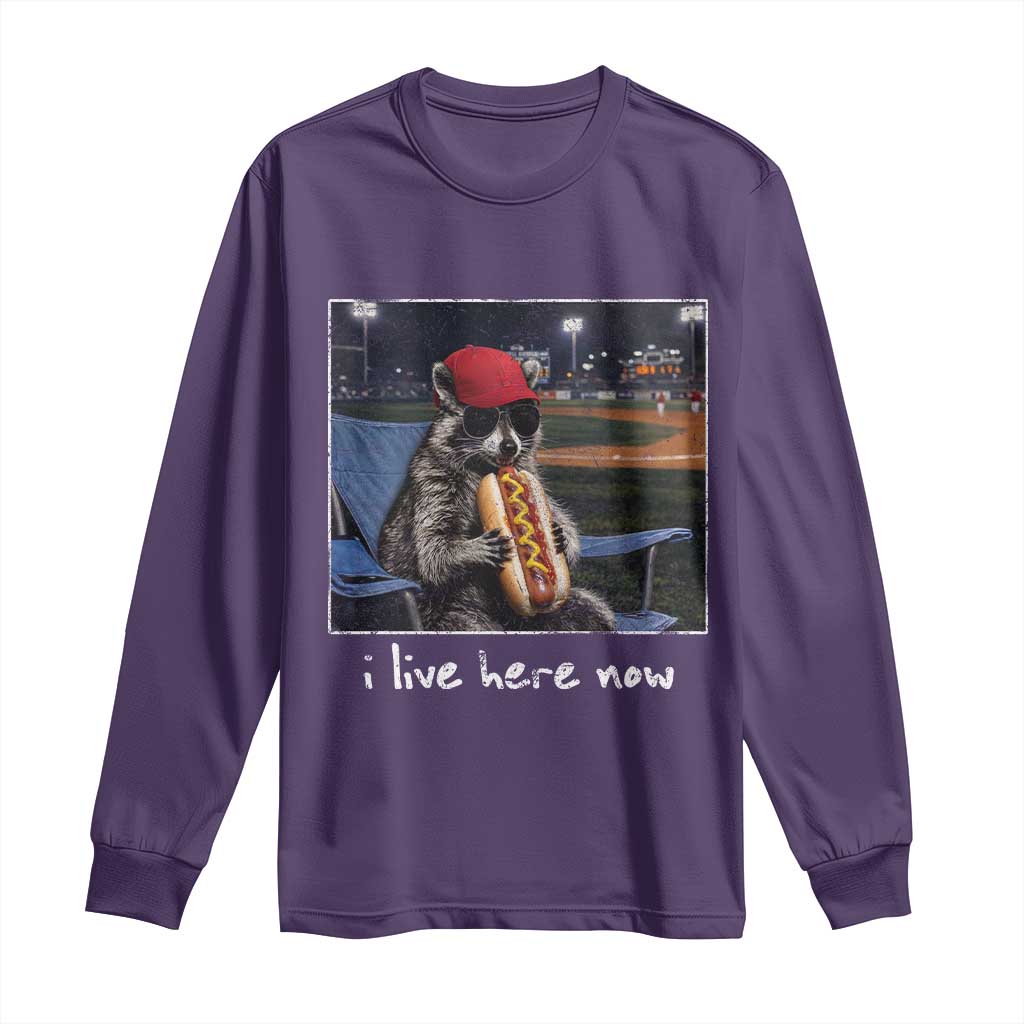 Baseball Raccoon I Live Here Now Long Sleeve Shirt Funny Trash Panda Eating Hot Dog Ballfield