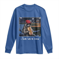 Baseball Raccoon I Live Here Now Long Sleeve Shirt Funny Trash Panda Eating Hot Dog Ballfield