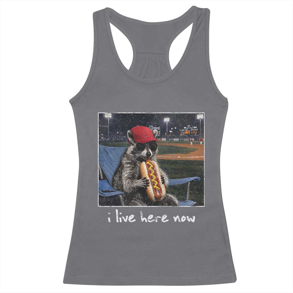 Baseball Raccoon I Live Here Now Racerback Tank Top Funny Trash Panda Eating Hot Dog Ballfield