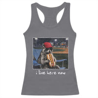 Baseball Raccoon I Live Here Now Racerback Tank Top Funny Trash Panda Eating Hot Dog Ballfield