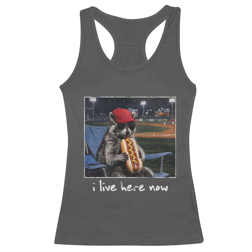 Baseball Raccoon I Live Here Now Racerback Tank Top Funny Trash Panda Eating Hot Dog Ballfield