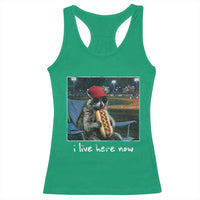 Baseball Raccoon I Live Here Now Racerback Tank Top Funny Trash Panda Eating Hot Dog Ballfield