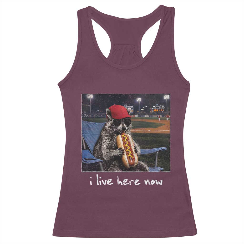 Baseball Raccoon I Live Here Now Racerback Tank Top Funny Trash Panda Eating Hot Dog Ballfield
