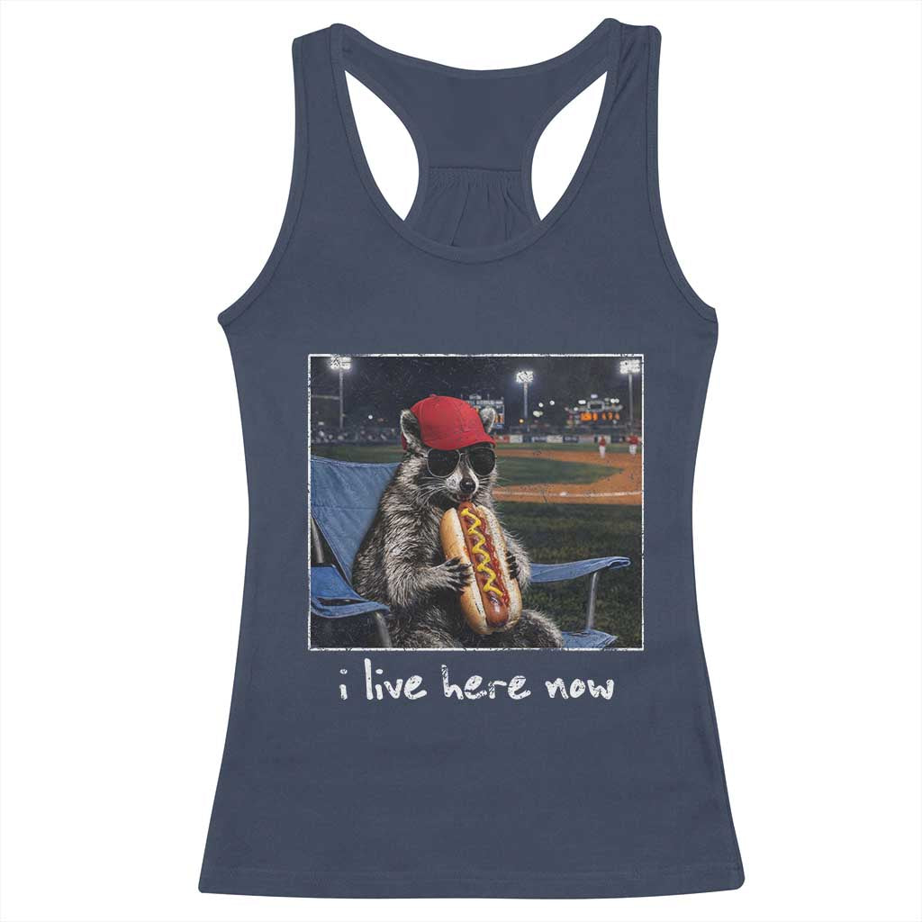 Baseball Raccoon I Live Here Now Racerback Tank Top Funny Trash Panda Eating Hot Dog Ballfield