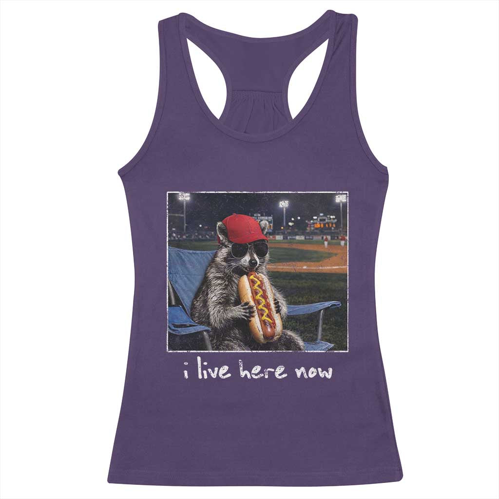 Baseball Raccoon I Live Here Now Racerback Tank Top Funny Trash Panda Eating Hot Dog Ballfield