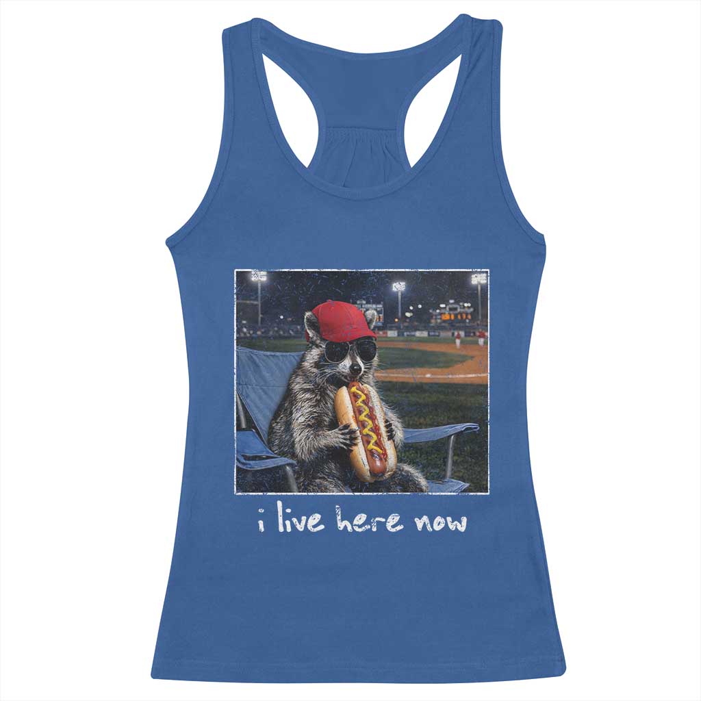 Baseball Raccoon I Live Here Now Racerback Tank Top Funny Trash Panda Eating Hot Dog Ballfield