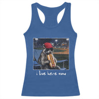 Baseball Raccoon I Live Here Now Racerback Tank Top Funny Trash Panda Eating Hot Dog Ballfield