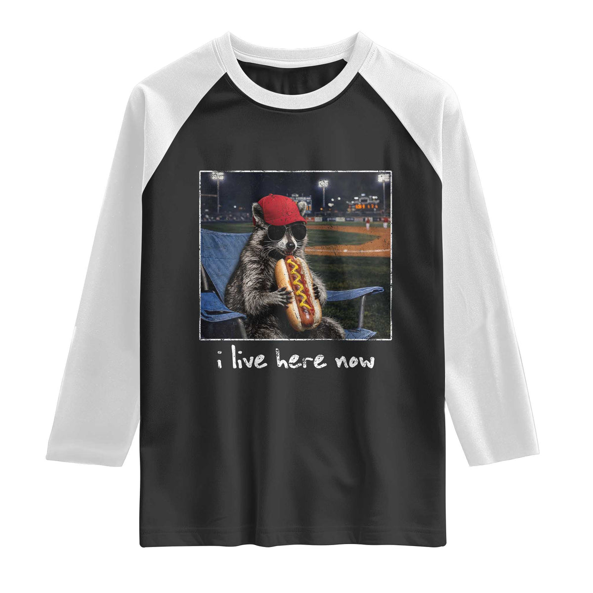 Baseball Raccoon I Live Here Now Raglan Shirt Funny Trash Panda Eating Hot Dog Ballfield