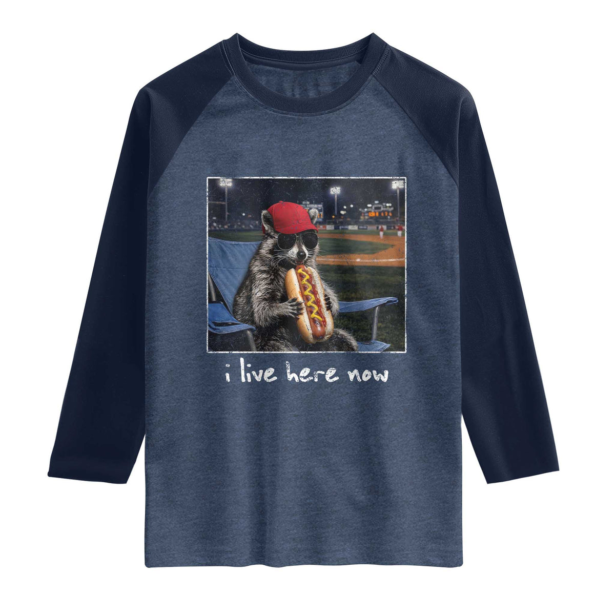 Baseball Raccoon I Live Here Now Raglan Shirt Funny Trash Panda Eating Hot Dog Ballfield