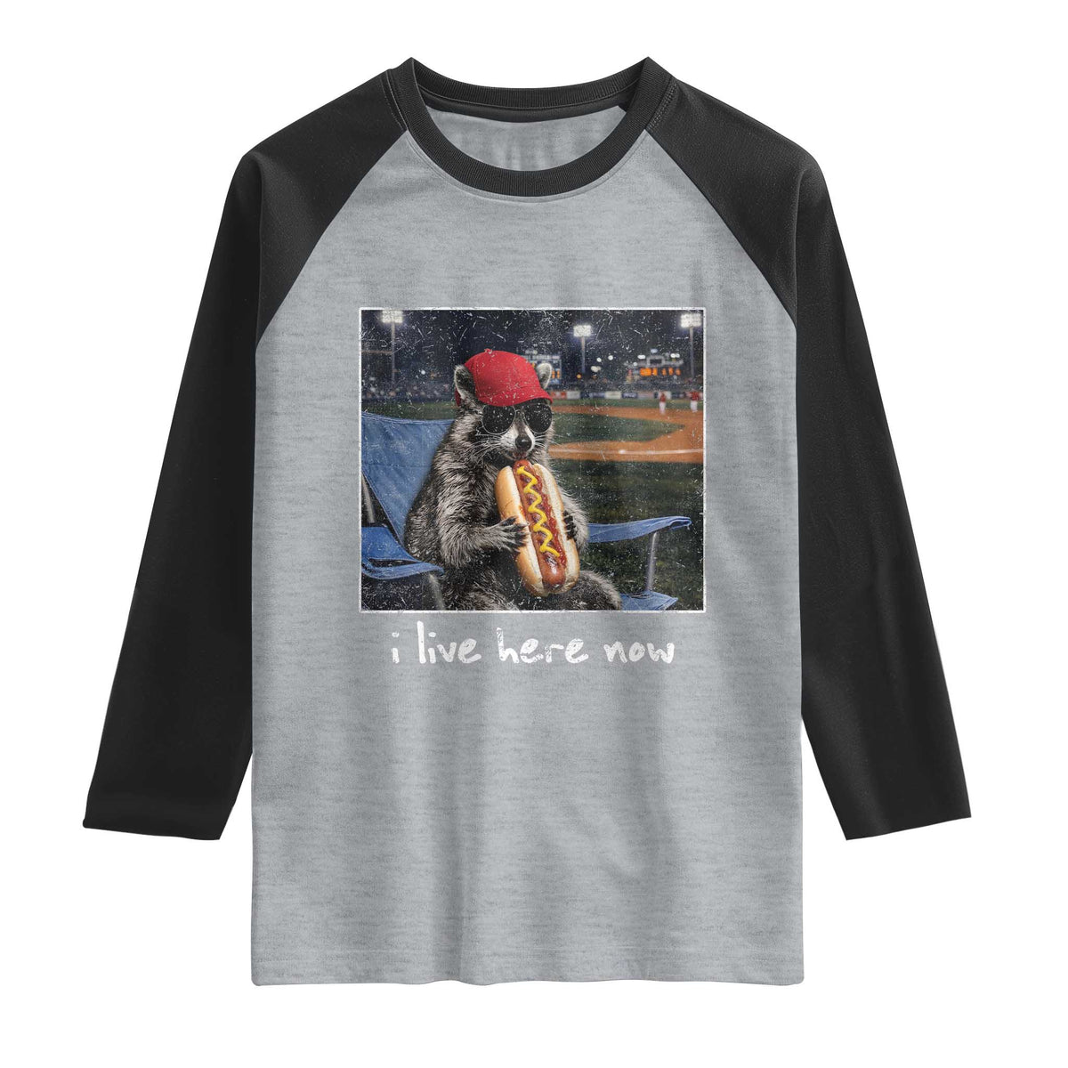 Baseball Raccoon I Live Here Now Raglan Shirt Funny Trash Panda Eating Hot Dog Ballfield