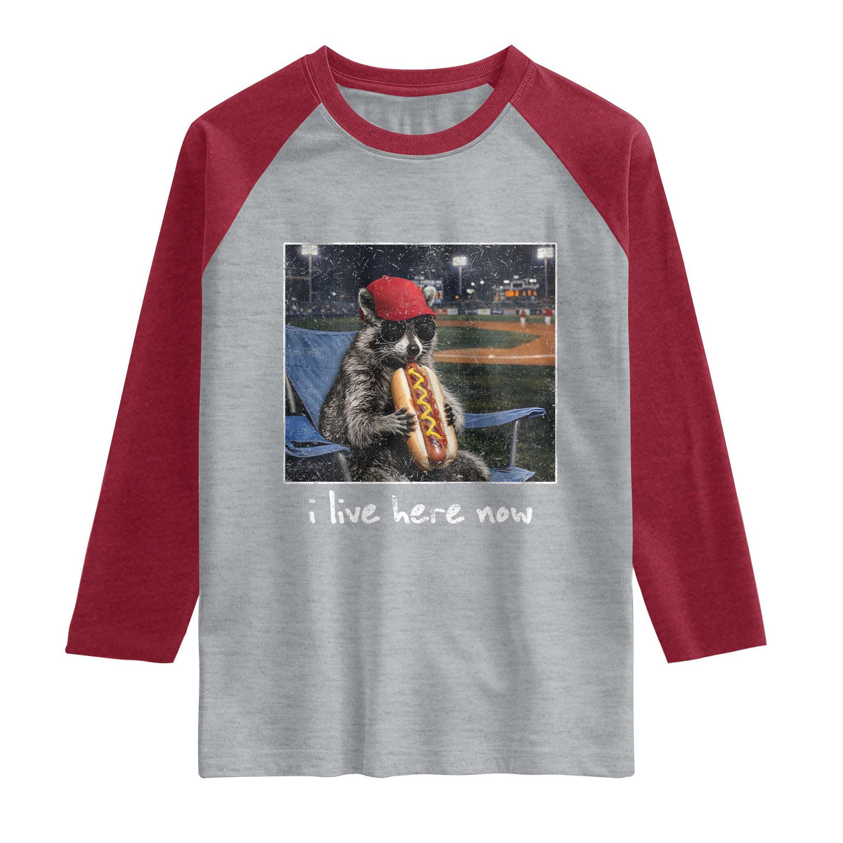 Baseball Raccoon I Live Here Now Raglan Shirt Funny Trash Panda Eating Hot Dog Ballfield