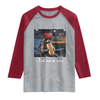 Baseball Raccoon I Live Here Now Raglan Shirt Funny Trash Panda Eating Hot Dog Ballfield