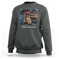 Baseball Raccoon I Live Here Now Sweatshirt Funny Trash Panda Eating Hot Dog Ballfield