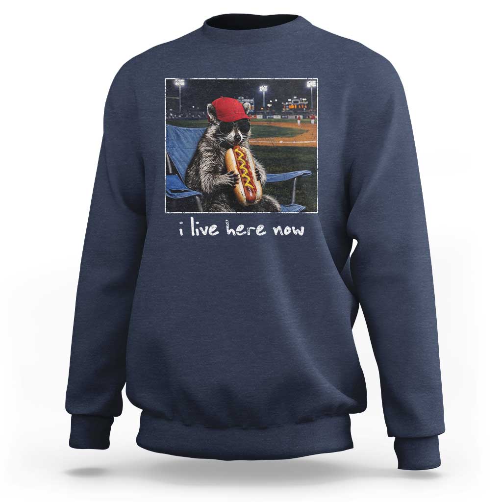 Baseball Raccoon I Live Here Now Sweatshirt Funny Trash Panda Eating Hot Dog Ballfield